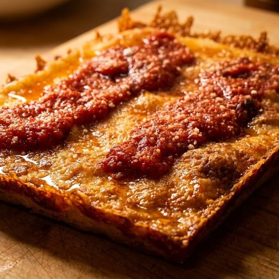 A rectangular Detroit-style pizza with crispy crust, melted cheese, and two stripes of red sauce.