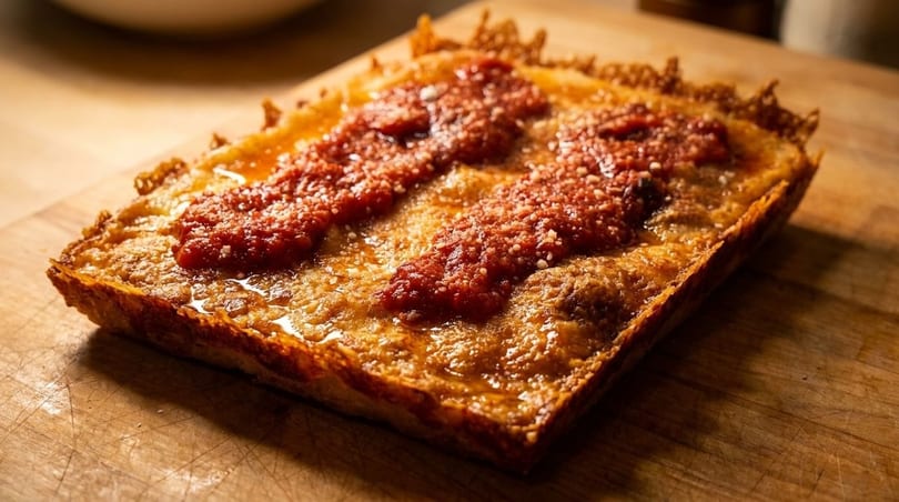 A rectangular Detroit-style pizza with crispy crust, melted cheese, and two stripes of red sauce.