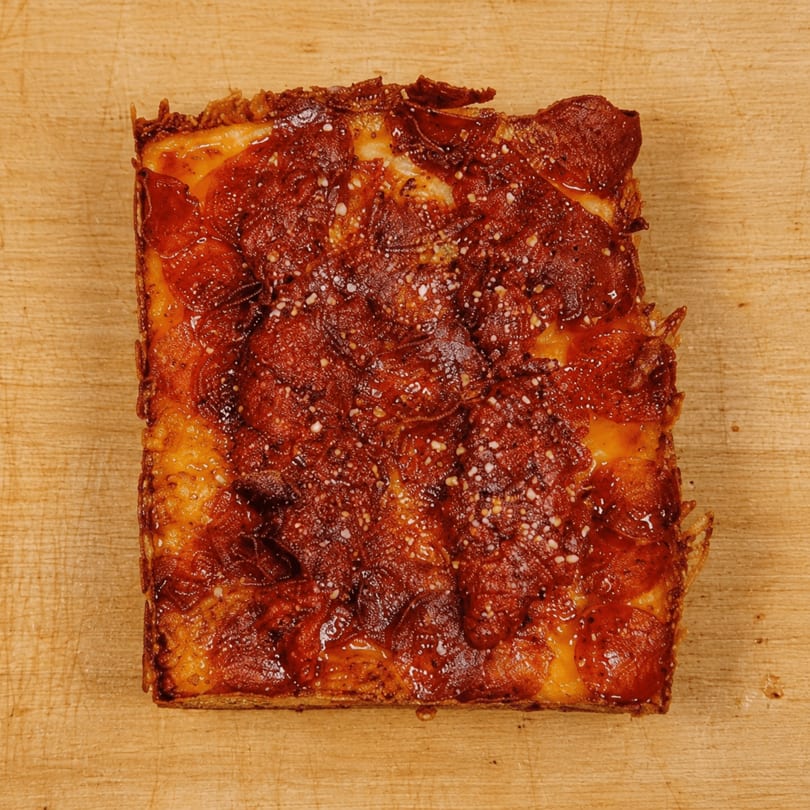 Square Detroit-style pizza with crispy pepperoni and cheese on a wooden surface.