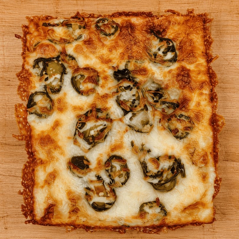 Square Detroit-style pizza with melted cheese, crispy edges, and sliced jalapeños on a wooden surface.